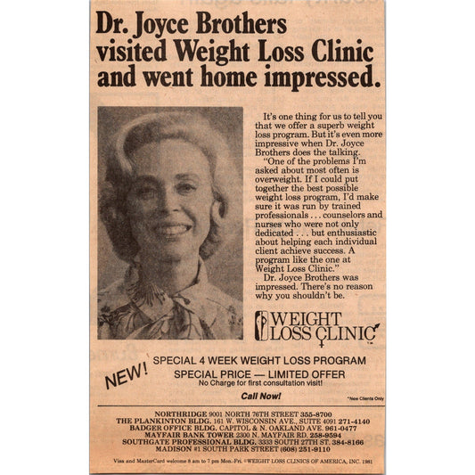 Wisconsin Weight Loss Clinic Dr Joyce Brothers 1981 WI Newspaper Ad AH3-9