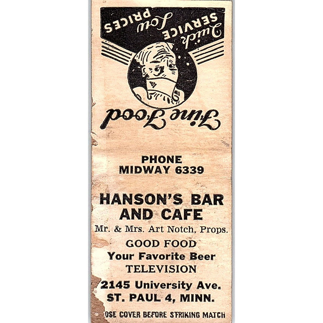 Hanson's Bar & Cafe Art Notch St. Paul MN Vintage Matchbook Cover SF3-Y5