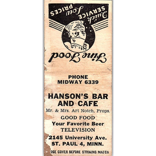 Hanson's Bar & Cafe Art Notch St. Paul MN Vintage Matchbook Cover SF3-Y5