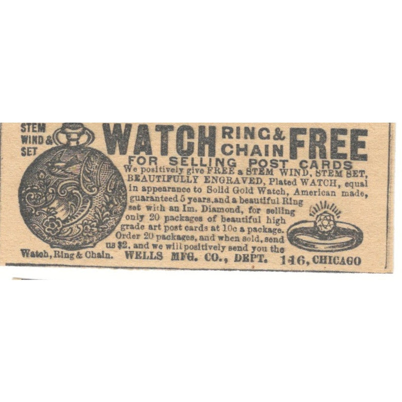Pocket Watch & Ring Giveaway Wells Mfg Co Chicago 1910 Magazine Ad AF1-SS6