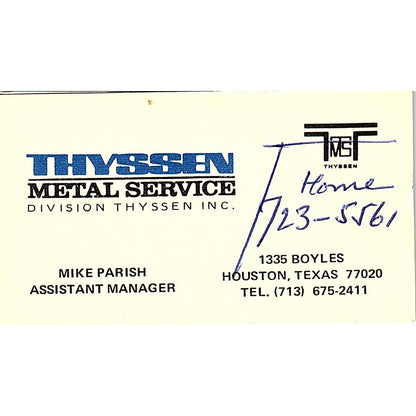 Mike Parish Thyssen Metal Service Houston Vintage Business Card SE5-B3