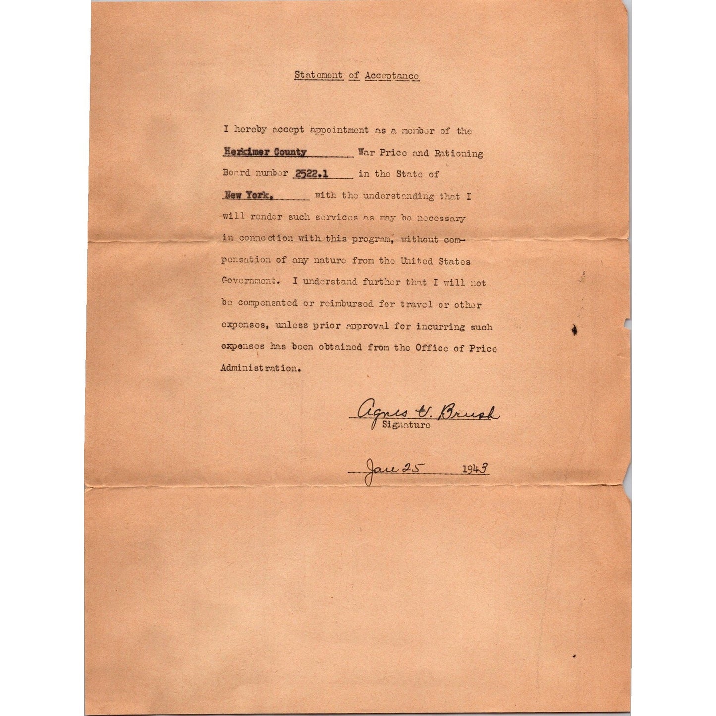 1943 Agnes Brush Acceptance Letter to WWII War Price & Rationing Board NY J16