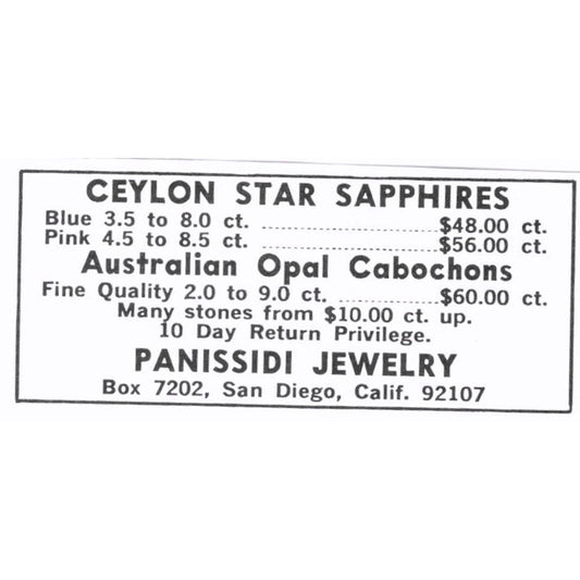 Panissidi Jewelry Ceylon Star Sapphires San Diego CA 1972 Ad AF8-S4