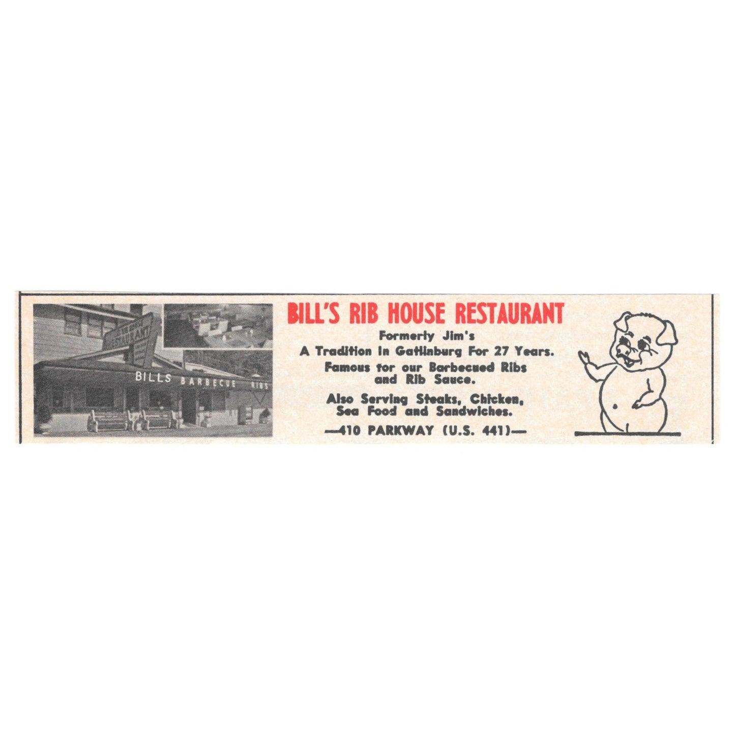 Bill's Rib House Restaurant Gatlinburg TN 1973 Magazine Ad AD8-B9