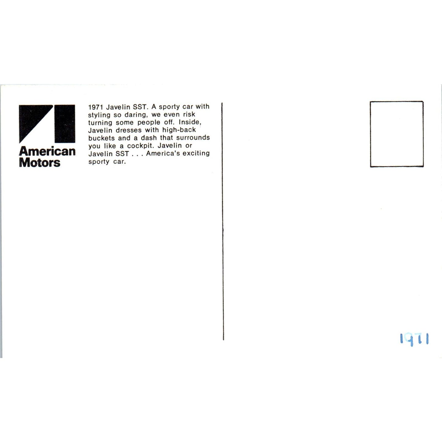 1971 American Motors 1971 Javelin SST Promo Vintage Postcard PC6