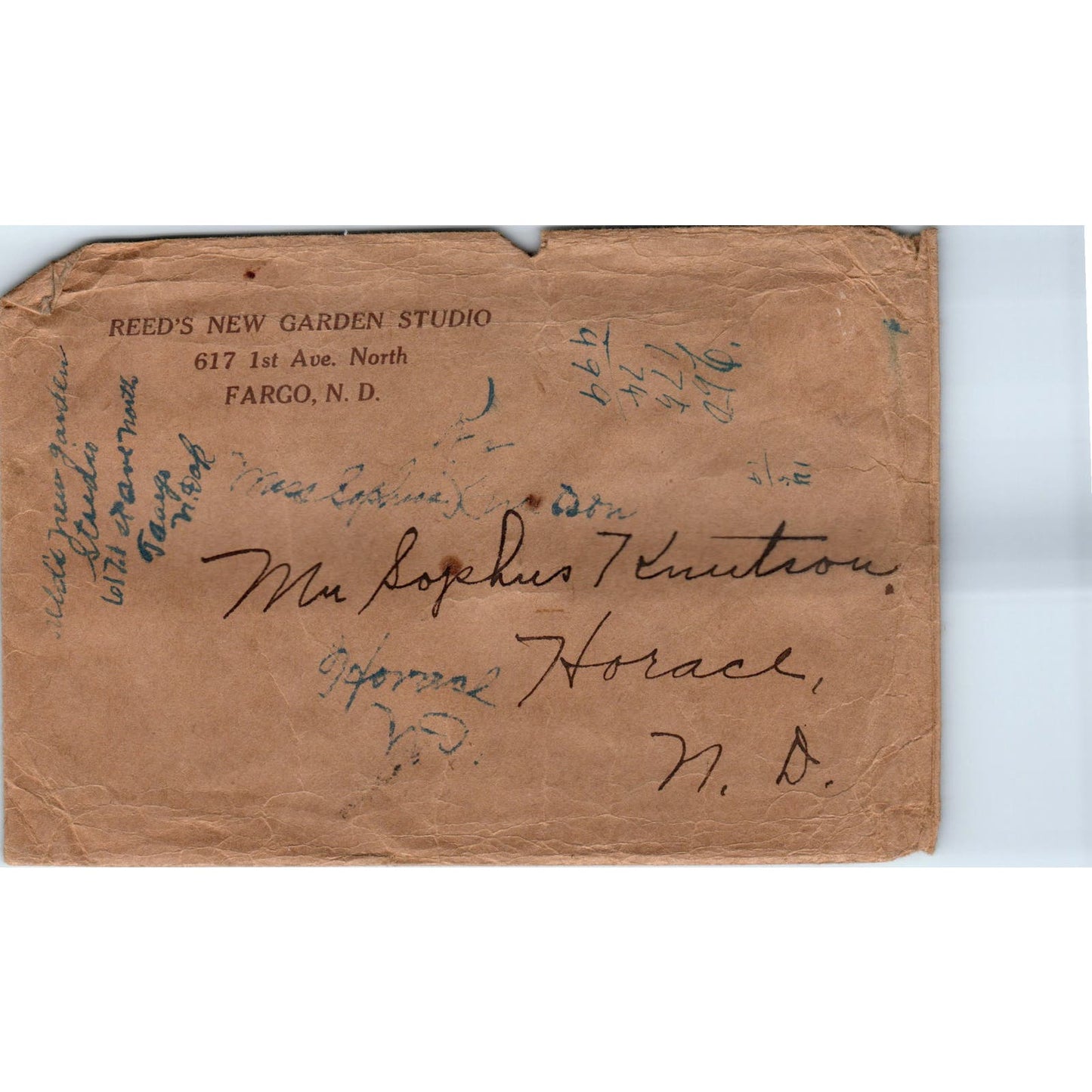 Reed's New Garden Studio 1st Ave N. Fargo ND Vintage Paper Envelope AE2
