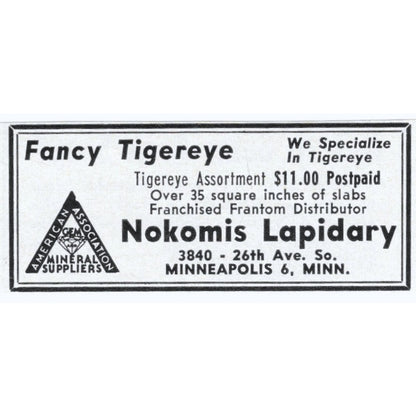 Nokomis Lapidary Fancy Tigereye Minneapolis MN 1964 Magazine Ad AB6-S4