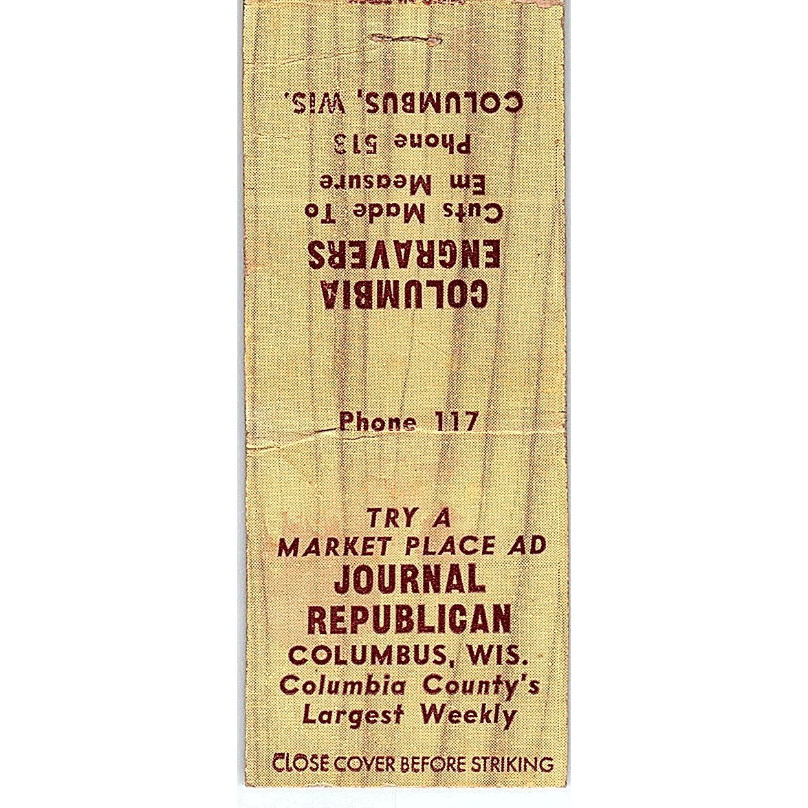 Journal Republican Columbus WI Vintage Matchbook Cover SC7-Y2