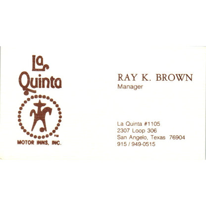 Ray K. Brown San Angelo TX La Quinta Motor Inn Vintage Business Card SE3-B1