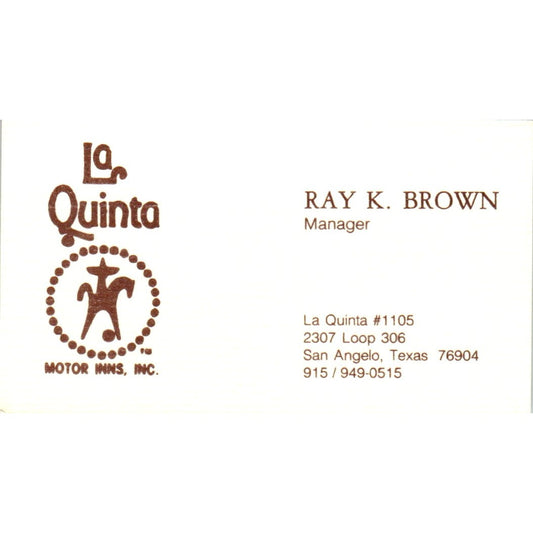 Ray K. Brown San Angelo TX La Quinta Motor Inn Vintage Business Card SE3-B1