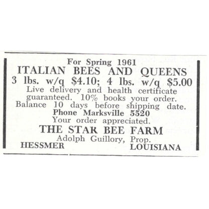 Italian Bees The Star Bee Farm Adolph Guillory Hessmer LA 1961 Ad AK6-S13