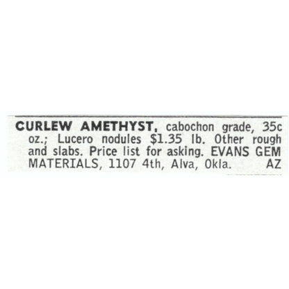 Evans Gem Materials Curlew Amethyst Alva Oklahoma 1964 Magazine Ad AB6-LJS2