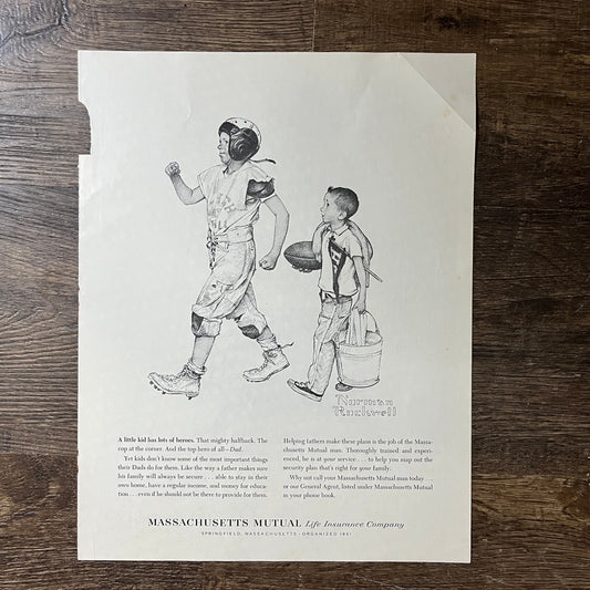 Boys Football Hero Norman Rockwell MA Mutual Life Magazine Ad 10x14 V7