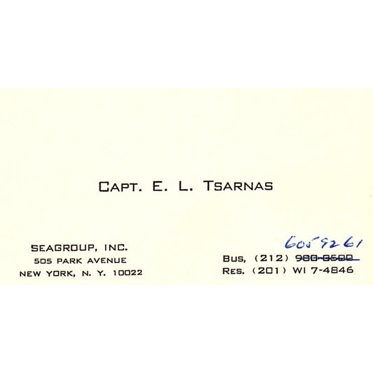 Capt E.L. Tsarnas Seagroup Inc NY Vintage Business Card SC9-B2