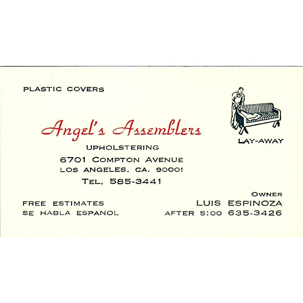 Angel's Assemblers Upholstering Los Angeles CA Vintage Business Card SF3-B6