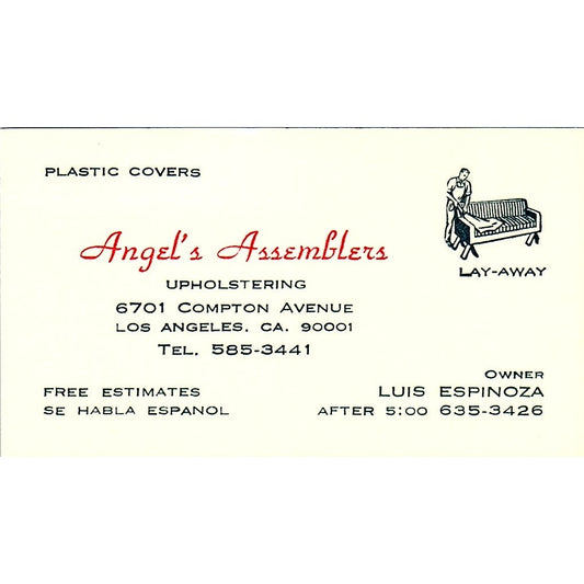 Angel's Assemblers Upholstering Los Angeles CA Vintage Business Card SF3-B6
