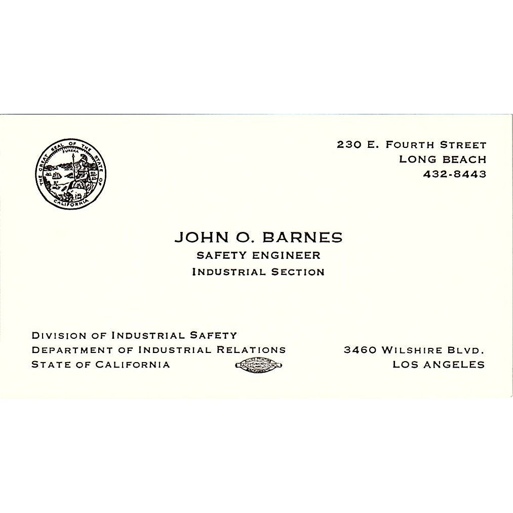 Division Of Industrial Safety John O. Barnes Long Beach CA Business Card SF3-B5