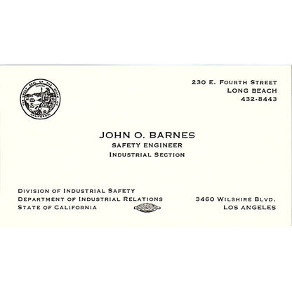 Division Of Industrial Safety John O. Barnes Long Beach CA Business Card SF3-B5
