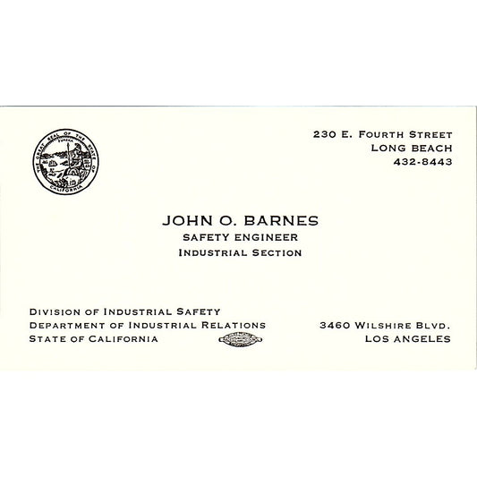 Division Of Industrial Safety John O. Barnes Long Beach CA Business Card SF3-B5