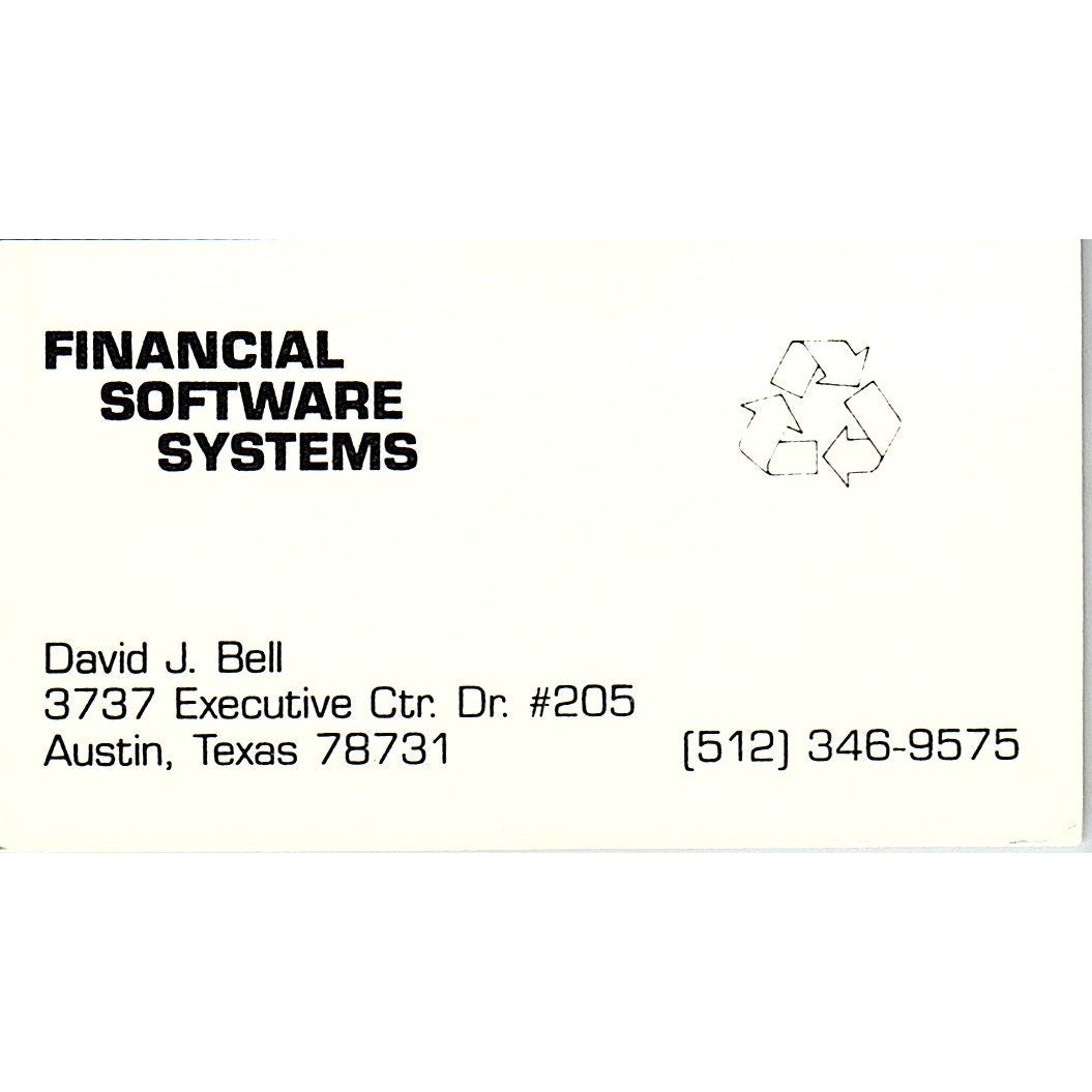 David J Bell Financial Software Systems Austin TX Vintage Business Card SC9-B8
