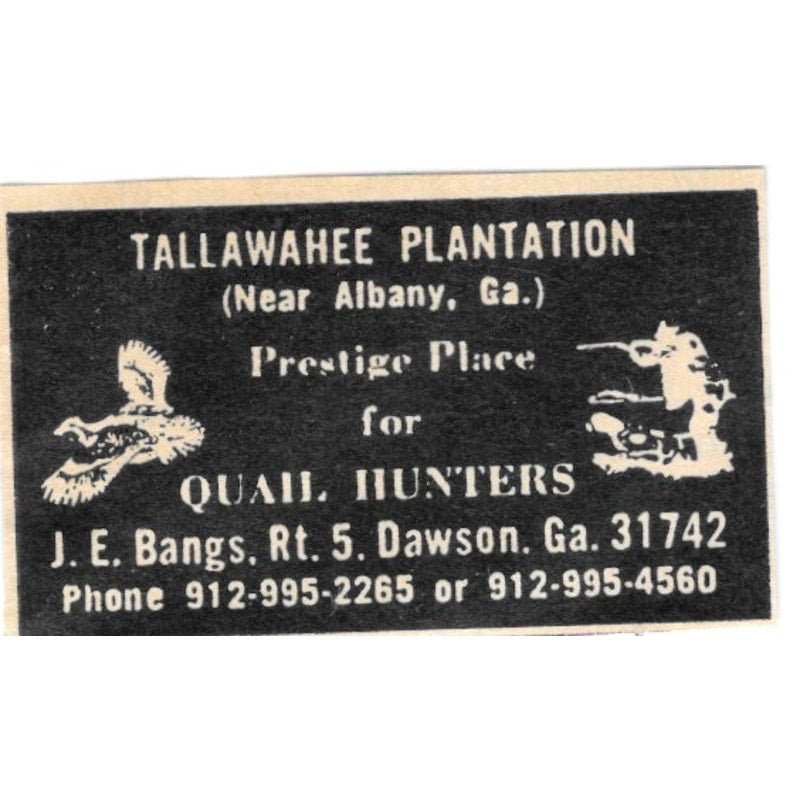 Tallawahee Plantation Quail Hunting J.E. Bangs Dawson GA 1977 Ad AF6-S4