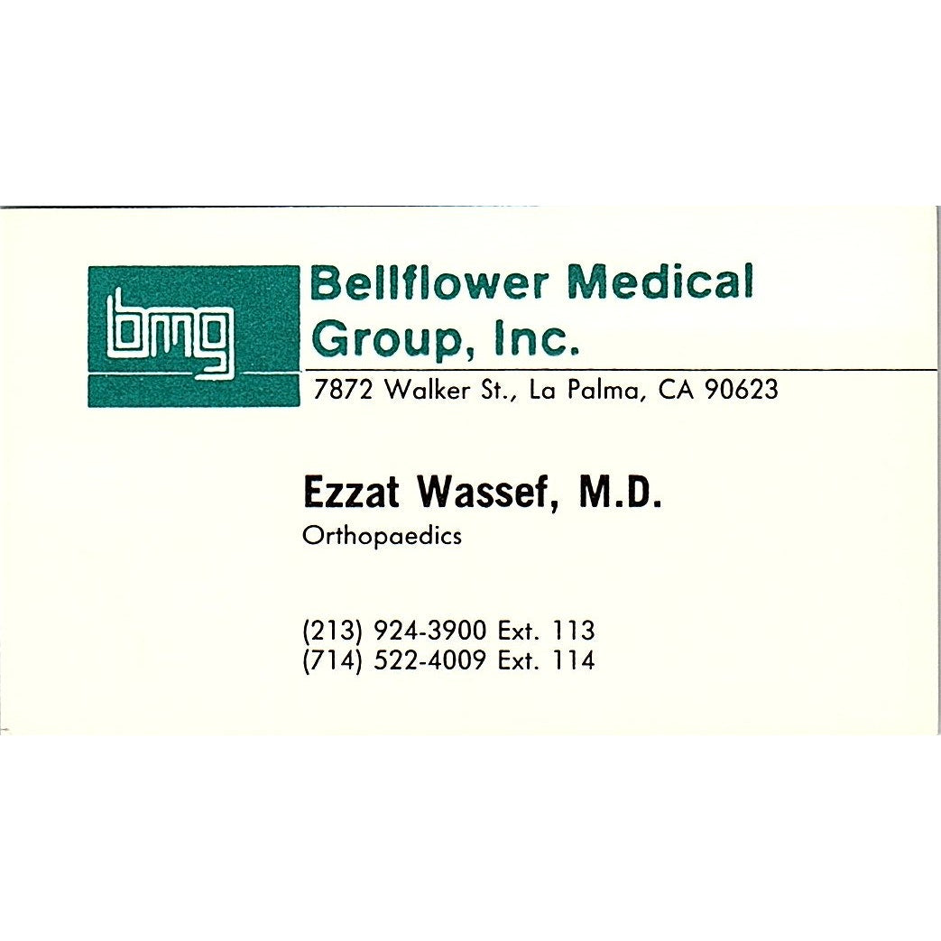 Ezzat Wassef MD Bellflower Medical Group La Palma Vintage Business Card SD9-B10