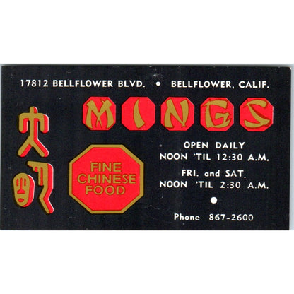 Mings Fine Chinese Food Bellflower CA Vintage Business Card SE3-B6
