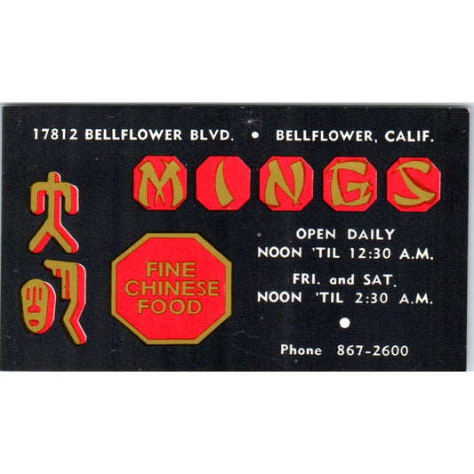 Mings Fine Chinese Food Bellflower CA Vintage Business Card SE3-B6
