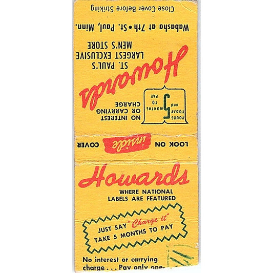 Howard's Mens Store St. Paul MN Vintage Matchbook Cover SC7-Y5