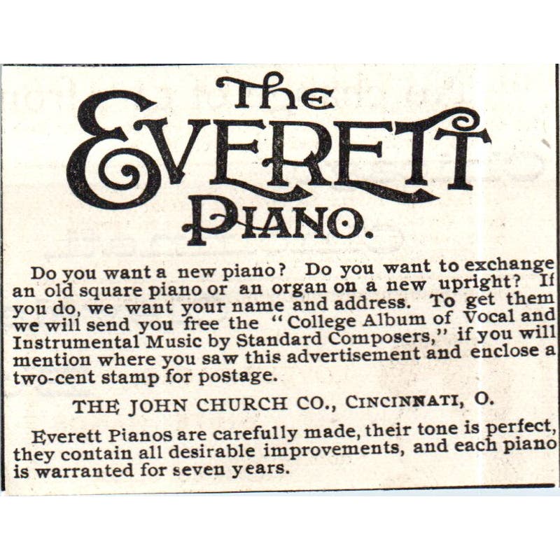 The Everett Piano John Church Co Cincinnati c1890 Victorian Ad AE8-CH9
