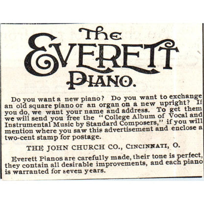 The Everett Piano John Church Co Cincinnati c1890 Victorian Ad AE8-CH9