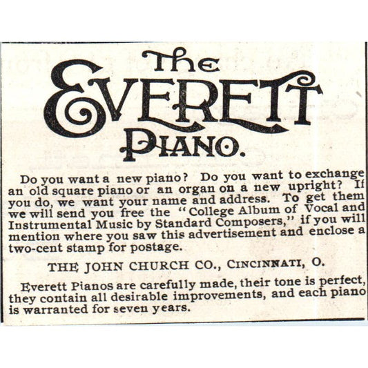 The Everett Piano John Church Co Cincinnati c1890 Victorian Ad AE8-CH9