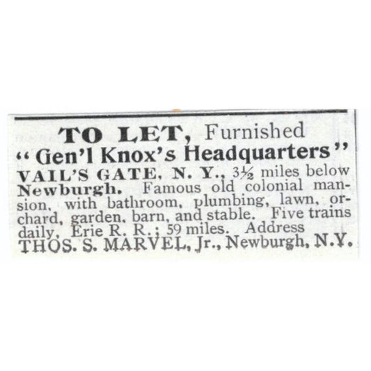 Gen. Knox's Headquarters Vail's Gate NY Thos. S. Marvel Jr. c1918 Ad AE5-SV4