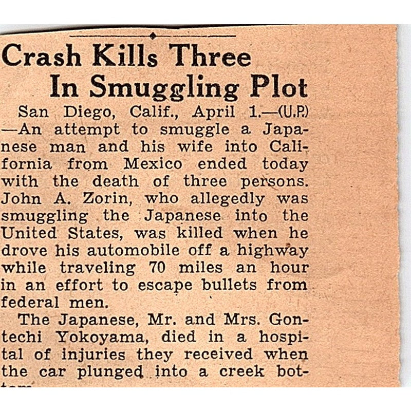 John A Zorin Kills 3 Mr & Mrs Gontechi Yokoyama 1935 Newspaper Article AG6-M3