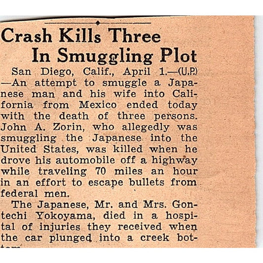 John A Zorin Kills 3 Mr & Mrs Gontechi Yokoyama 1935 Newspaper Article AG6-M3