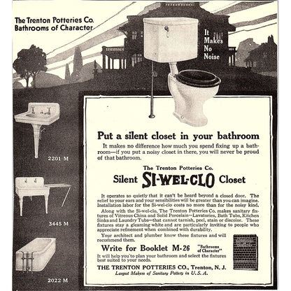 Silent Si-Wel-Co Closet Bathroom Toilet Trenton Potteries Co NJ c1920 Ad AF8-7
