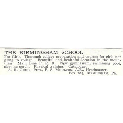 The Birmingham School A.R. Grier PA c1918 Original Advertisement AE5-SA11