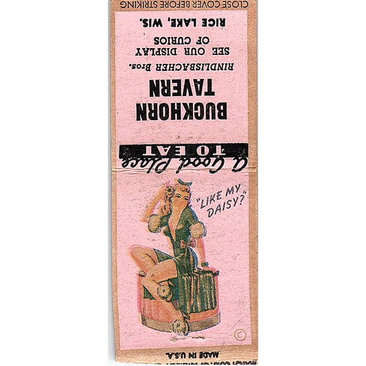 Buckhorn Tavern Rindlisbacher Bros Rice Lake WI Pinup Vtg Matchbook Cover SF3-Y8