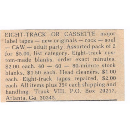 Track VIII Eight Tracks and Cassettes Atlanta GA - 1/2x2 1974 Ad AF6-S8