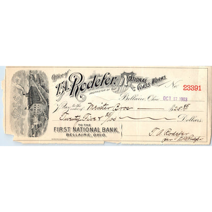 1903 T.A. Rodefer National Glass Works Bellaire Ohio Bank Check AD8-R4