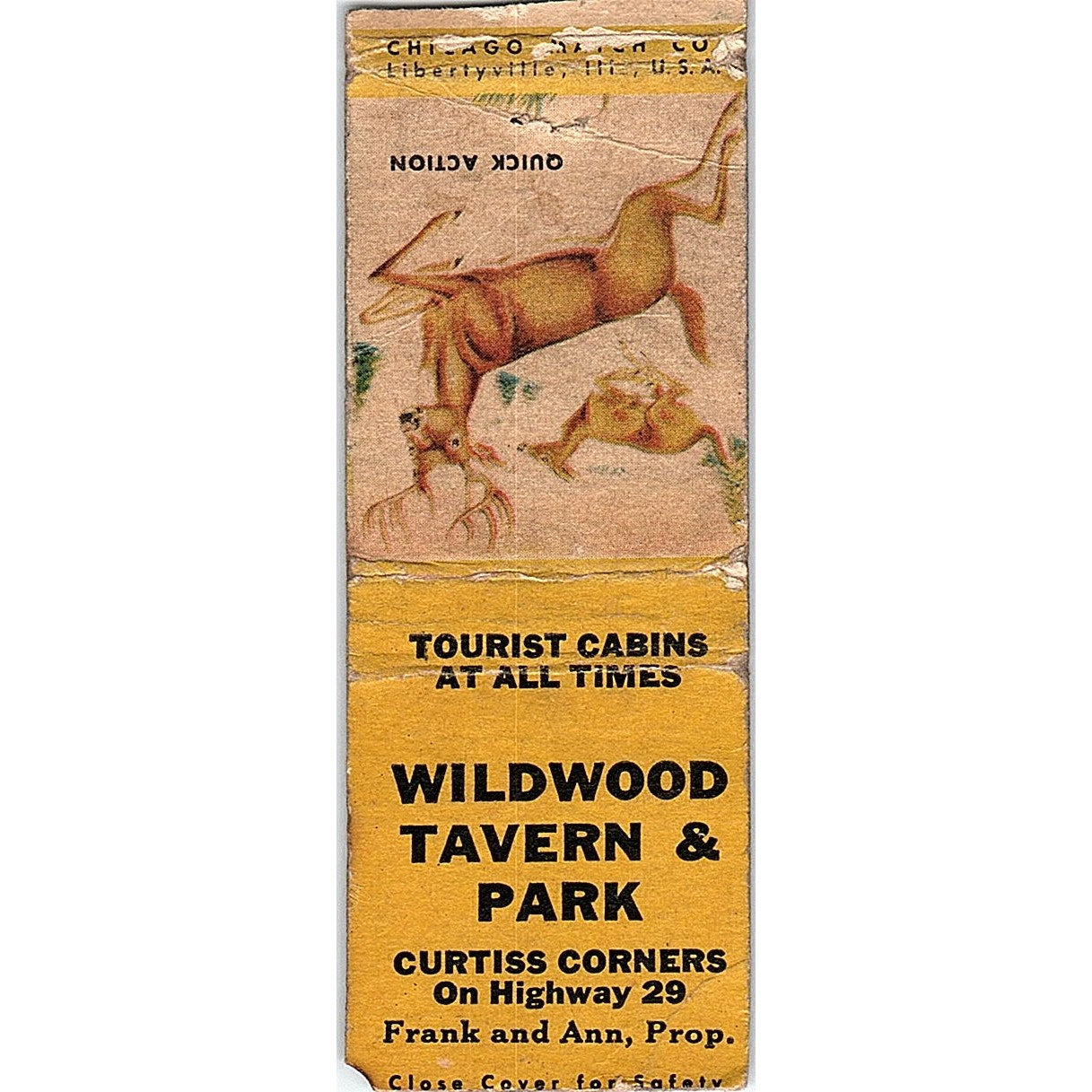 Wildwood Tavern & Park Curtiss Corners Frank & Ann Vtg Matchbook Cover SC7-Y7