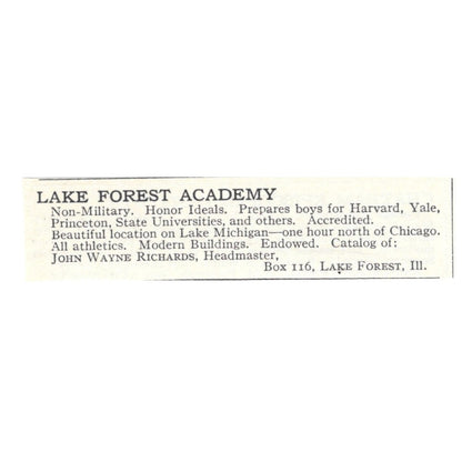 Lake Forest Academy John Wayne Richards IL 1924 Magazine Ad AD8-O8