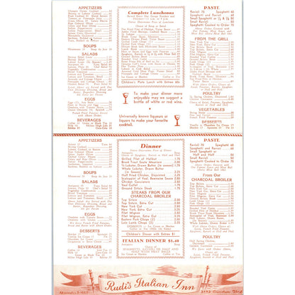 1950s Rudi's Italian Inn Restaurant Menu Los Angeles CA Crenshaw Blvd AE8