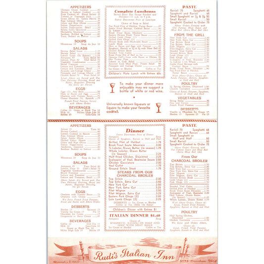 1950s Rudi's Italian Inn Restaurant Menu Los Angeles CA Crenshaw Blvd AE8