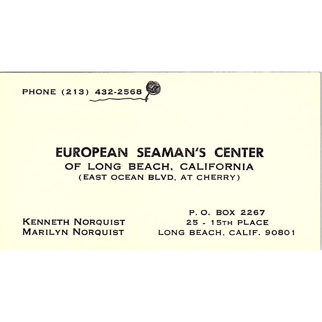 Kenneth Norquist European Seaman's Center Long Beach Vtg Business Card SD9-B11