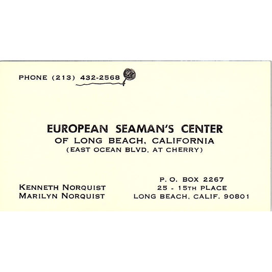 Kenneth Norquist European Seaman's Center Long Beach Vtg Business Card SD9-B11