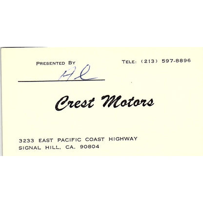 Crest Motors Signal Hill CA Vintage Business Card SD9-B10