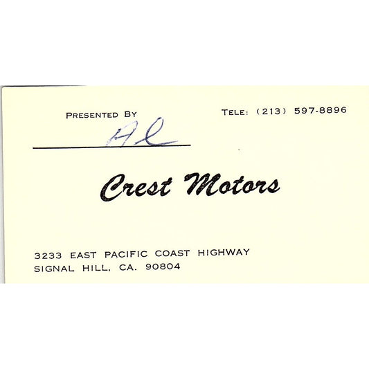 Crest Motors Signal Hill CA Vintage Business Card SD9-B10