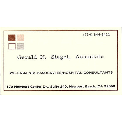 William Nix Associates Gerald N. Siegel Newport Beach CA Business Card SF3-B7