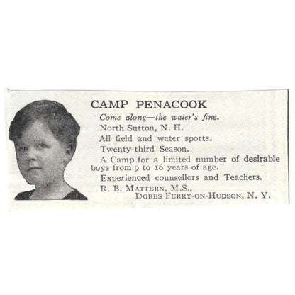 Camp Penacook North Sutton NH R.B. Mattern c1918 Original Advertisement AE5-SA4